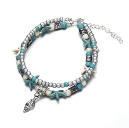 Multilayer Bule Starfish Anklet Handmade Turquoise Beads with Alloy Beads Charm Anklet Sea Beach Anklet Bracelet for Women Girls