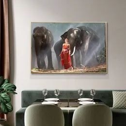 Malowanie słonia z pięknym olejem dla kobiet na płótnie skandynawskie plakaty i druki Cuadros Wall Art Pictures do salonu