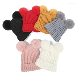 Berets Solid Color Thickening Double Hair Ball Keep Warm Pompom Hat Autumn Winter Fur Cold Protection Women Knitted Beanie