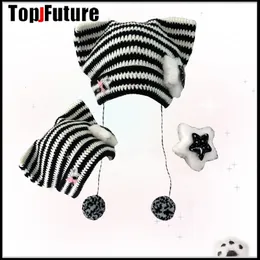 BeanieSkull Caps Harajuku Gothic Lolita Japanische Beanie Mütze Kleiner Teufel Gestreifte Strickmütze Herbst Winter Süße Katzenohren Y2K Mädchen Damen Hüte 230412