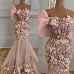 Pale Pink Prom Dresses Mermaid 3D Floral Applique Tulle One Shoulder Strap Sexy Illusion Beaded Crystals Evening Gowns