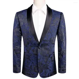 Men's Suits Hi-Tie Blue Black Jacquard Floral Mens Suit Shawl Collar Tuxedo Blazers Jacket Coat Groom Dress For Wedding Banquet Ball Prom