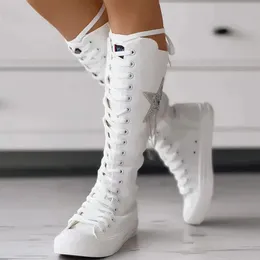 Botas Inverno Primavera Verão Queda K-POP Sapatos de Dança Front Lace Up Side Zipper Canvas Mid-Bezerro Botas para Mulheres Tamanho Grande 43 231110