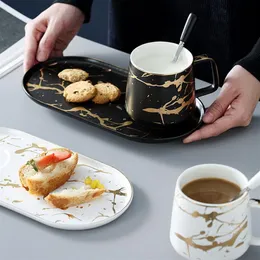 Muzity Ceramic Milk With Breakfast Plate Porslin Marbletea Mug and Saucer One Person Set Q1222189V