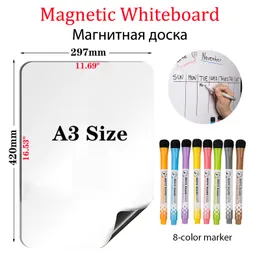 Whiteboards A3 tamanho magnético quadro branco Limpa seca semanal Planejador mensal Gréstica Calendário de menu com 8 marcadores de cores 230412