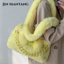 Evening Bags JIN MANTANG Chain Tote Bags for Women Winter Trend Designer Soft Faux Fur Kawaii Handbags Shoulder Bag Fashion Shopper Bag 230412