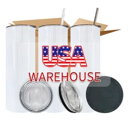 USA Warehouse 20oz Blanks White Sublimation Mugs Water Bottle Drinkware Rostfritt stål tumlar med plaststrå och lock BB0412