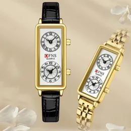 Armbanduhren Frauen Quarzuhr Luxus Dual Time 2 Uhrwerk Zifferblatt Uhr Edelstahl Reloj Rechteck Stunden Damen Gold Schwarz Armbanduhr