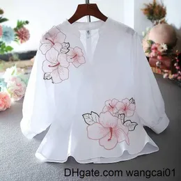 Women's Blouses Shirts White Shirt Women Chiffon Flower broidery Blouse V Neck Office Ladies Tops Casual High Quality Summer Puff Seve Blusas 412&3