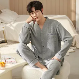 Men's Sleepwear Full Cotton Pijama For Men Lounge V Neck Button Cardigan Pajamas Set Home Clothes Big Size Bedgown Male