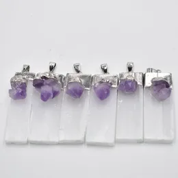 Pendant Necklaces Wholesale 6pcs/lot Natural Selenite Plaster Amethysts Pendants Rock Mineral Specimen Jewelry Reiki Healing Energy