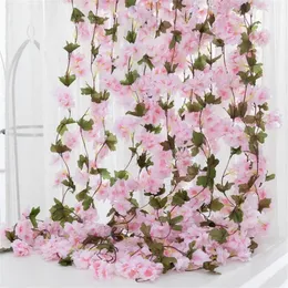 210 cm Silk Sakura Simulation Cherry Blossom Flower Vine Wedding Decoration Layout Home Party Rattan Wall Hanging Garland Wreath de278n