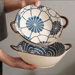Bowls 750ml Japanese Soup Noodle Bowl With Handle Ceramic Salad Underglaze Colour Pasta Fruit Dessert Plate Kitchen Bakware Pan