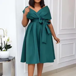 Casual Dresses Plus Size Solid Elegant Lace Up Dress For Women V Neck African Office Lady Female Vestidos Night Party Banquet Robes Gowns 230412