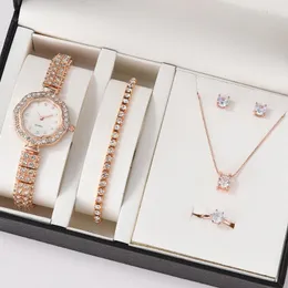 Wristwatches 6PCS Set Luxury Watch Women Ring Necklace Earrings Rhinestone Wristwatch Female Casual Ladies Watches Bracelet Clock(No Box)