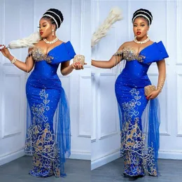 Party Dresses Royal Blue Tulle V-ringad fransad satin sjöjungfru aftonklänning Rhinestone Prom Plus Size Aso Ebi