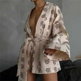 Women Sleepwear Fashion Pajamas Print 2 Piece Sets Womens Outfits Casual Lace-Up Long Sleeve Robes Shorts Set Homewear 2023