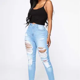 New Perforated Jeans For Women Plus Size Clothing Designer Popular Broken Hole Elastic Denim Pants Female Leggings