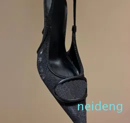 Metalik harf yüksek topuklu kadınlar retro moda sivri ayak parmakları slingbacks kedi topuk sandalet tasarımcısı denim mavi elbise ayakkabıları ofis parti ayakkabıları kutu ile