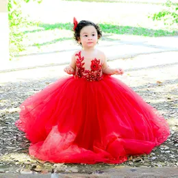 Red Sheer Neck Lace Flower Girl Dresses Crystals Ball Gown Little Girls Wedding Dress Cheap Communion Pageant Gowns Tulle Cheap Birthday Party Gown