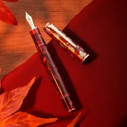 Fountain Penns Hongdian N8 Fountain Pen Red Acrylic Harts Maple Leaf Carving Cap Eff Nib Trim Smooth Writing Pen With Converter Presents Pens 230412