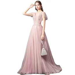 Pink Evening Dresses New Elegant V-Neck A-Line Lace Appliques Long Formal Prom Gown Vestidos De Noche