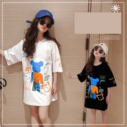 T-Shirts Sommer Baumwolle Kinder Mädchen Lange Tops Cartoon Print Kurzarm Baumwolle T-Shirts 8 10 12 Jahre Teenager Outfit T-Shirt Kleid 230412