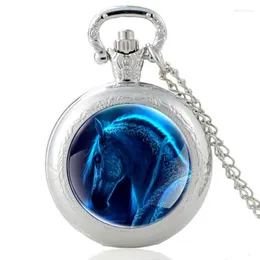 Pocket Watches Pretty Blue Horse Pattern Silver Vintage Quartz Watch Pendant Clock Män Kvinnor Charm Glass Dome Halsband presenter