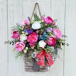 Decorative Flowers Spring Summer Flower Basket Wreath Front Door Artificial Wildflower With Bow Wall Hanging Wedding Birthday Party Home