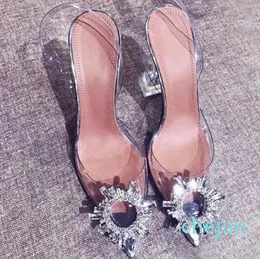 Sandaler Transparent Crystal Sunflower Drill Buckle Pointed Super High Heels Ving Glass Wedding Shoes