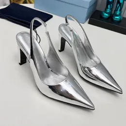 The Best Brand Slingbacks Women 8.5cm High Heel Gold Pointed Suspender Dress Shoes Genuine Leather Fashion Thick Heels Luxury Designer Shoes