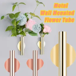 Vases 1Pcs Creative Rose Gold Stainless Steel Vase Wall Holder Flower Pot Home Wedding Party decoration living Room Wall Mirror vase P230411