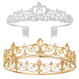 Royal King and Queen Crowns sätter 2st Gold King Crowns för män och silver drottning tiaror för kvinnor kristallpar krona för brud prom