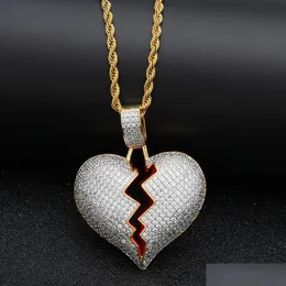 Pendant Necklaces Hip Hop Solid Broken Heart Iced Out Necklace Charm For Men Women Gold Color Cubic Zircon Jewelry Drop Deliv Dhgarden Otqly