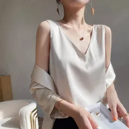 Camisoles Tanks Women's Silk Pendant Solid Satin Tank Top Spring and Autumn Wild Pull Top Women's Indoor Front/Back V-Neck Summer Thin 230412