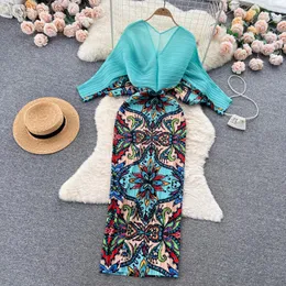 Women Casual Dresses Elegant New Autumn Miyake Pleated Long Dress Runway Women V Neck Batwing Sleeve Red Flower Printed Stretch Bodycon Slim Clothes 2024