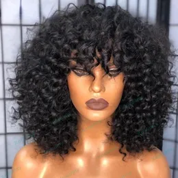 180Density Short Afro Curly Wig for Women Bob Curly Human Hair Wigs with Bangs Full Black /Brown/Red Synthetic HEAT Resistant