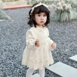 Vestidos de menina primavera outono moda bebê rendas bordado flor manga longa vestido de princesa nascido infantil algodão sólido casual festa