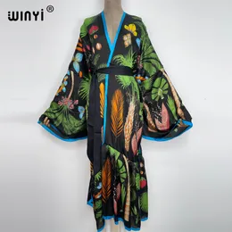 Kvinnors badkläder Winyi Bikini Cover-ups Black Retro Fashion Printing Self Belted Women Summer Clothing Kimono Dress Beach Wear Swim Suit Cover Up 230412