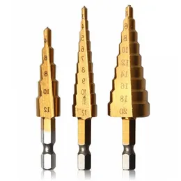 Freeshipping 3PC HSS Titanium Coated Step Drill Bit för metall 3-12mm 4-12mm 4-20mm höghastighetsstål Borrbit träborr Power Tools POQQ