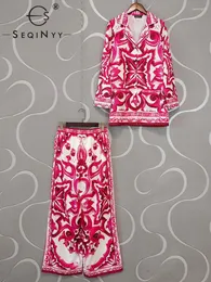 Calças femininas de duas peças seqinyy conjunto solto primavera verão design de moda mulheres pista pijama camisa cintura elástica vintage flores impressão sicília
