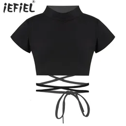 Tshirts Kids Girls Cotton Round Neck Tank Tops Short Sleeve Jazz Dance Hip Hop Performance Costume Sport Crop Top Sash Tie Cross Waist 230412