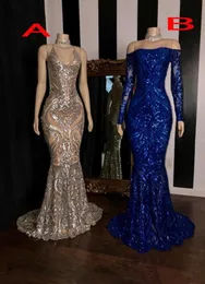 Sparkly lovertjes zilveren zeemeermin Afrikaanse prom -jurken 2020 Royal Blue Long Sleeve Graduation Formal Dress Plus Size Evening Jowns2972621