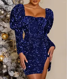 Casual klänningar högkvalitativ paljett rygglös sexig klänning kvinnor delar mini julfest klubb glitter puffhylsa vestido