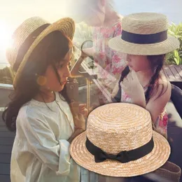 Caps Hats Wide Brim Bucket Cute Child Girls Straw Bowknot Sun Kids Large Beach Summer Boater Ribbon Round Flat Top Fedora 54cm 230412