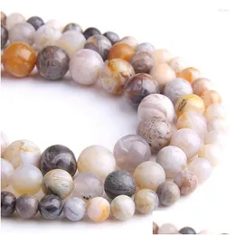 Other Beads Natural Bamboo Leaf Agates Stone Loose Round Ball For Diy Necklace Bracelet Jewelry Making Findings Bead Drop Delivery Dhsk5