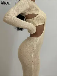 Vestido de duas peças Kliou Knitt Set saia feminina Elegant forrado com manga de capa de camisola de manga lineada 230413
