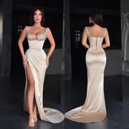 Champagner-Meerjungfrau-Abschlussballkleid, Pailletten-Spaghetti-Abendkleid, geteilt, formell, lang, Partykleid für besondere Anlässe