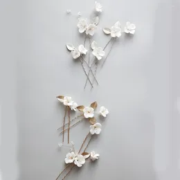 Hair Clips Porcelain Flower Wedding Accessories Bridal Clip Pin Gold Silver Color Hairpin Brides Party Leaf Head Piece Women Jewelry