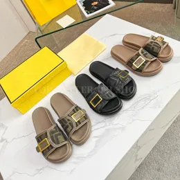 Designer Slippers Brown Fabric Slides Women FF Feel Slipper Baguette Buckle Slide Summer Luxury Sandal